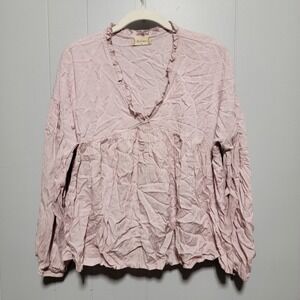 Altard State Pink Swiss Dot Ruffle‎ V Neck Babydoll Peasant Blouse Top M
